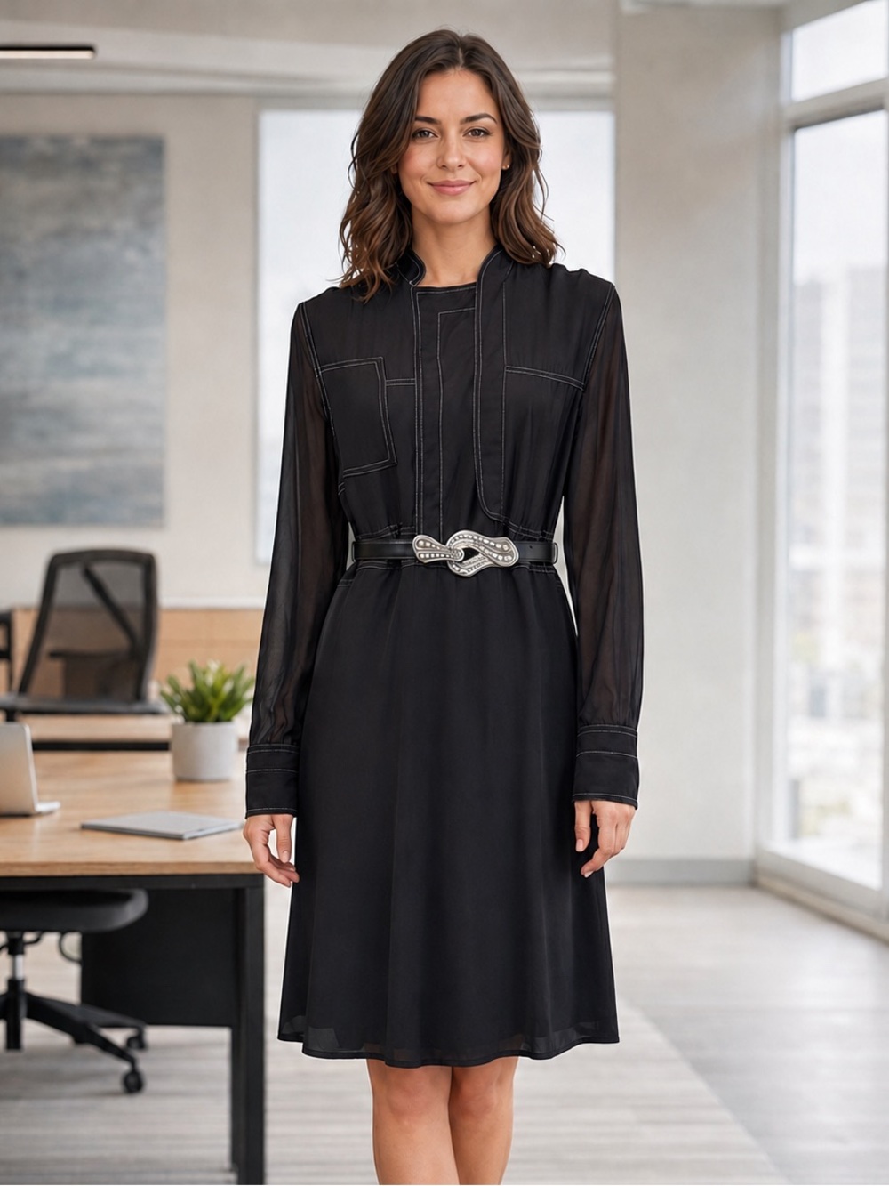 Vera Wang Black Contrast Stitch Belted Long Sleeve Dress M